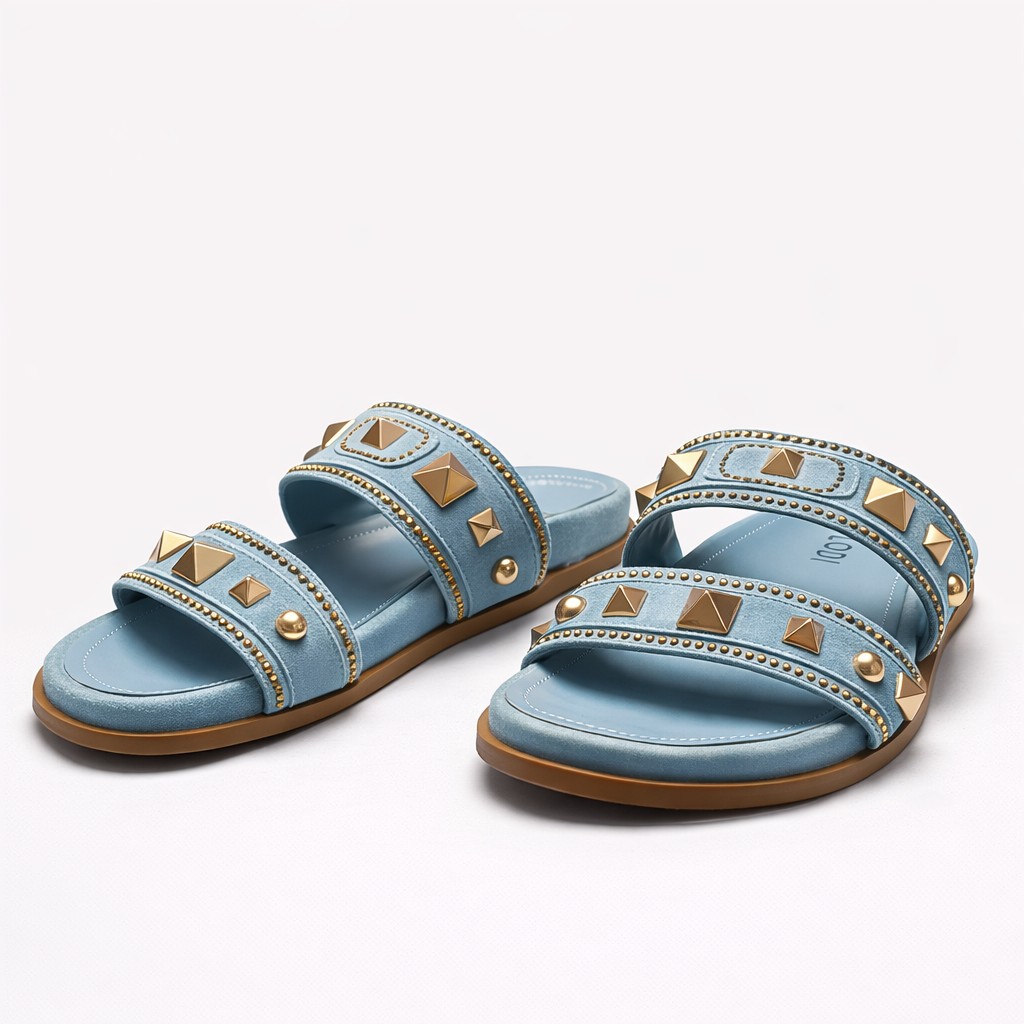 NUEVA COLECCIÓN. (zapato de muestra) Sandalia ante azul tachas - Imagen 2