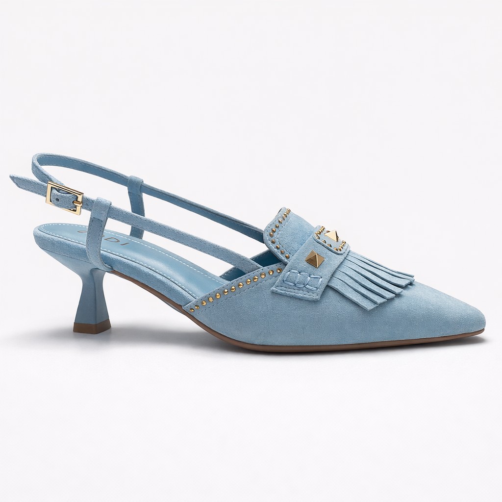 NUEVA COLECCIÓN. (zapato de muestra) Zapato destalonado ante azul tachas