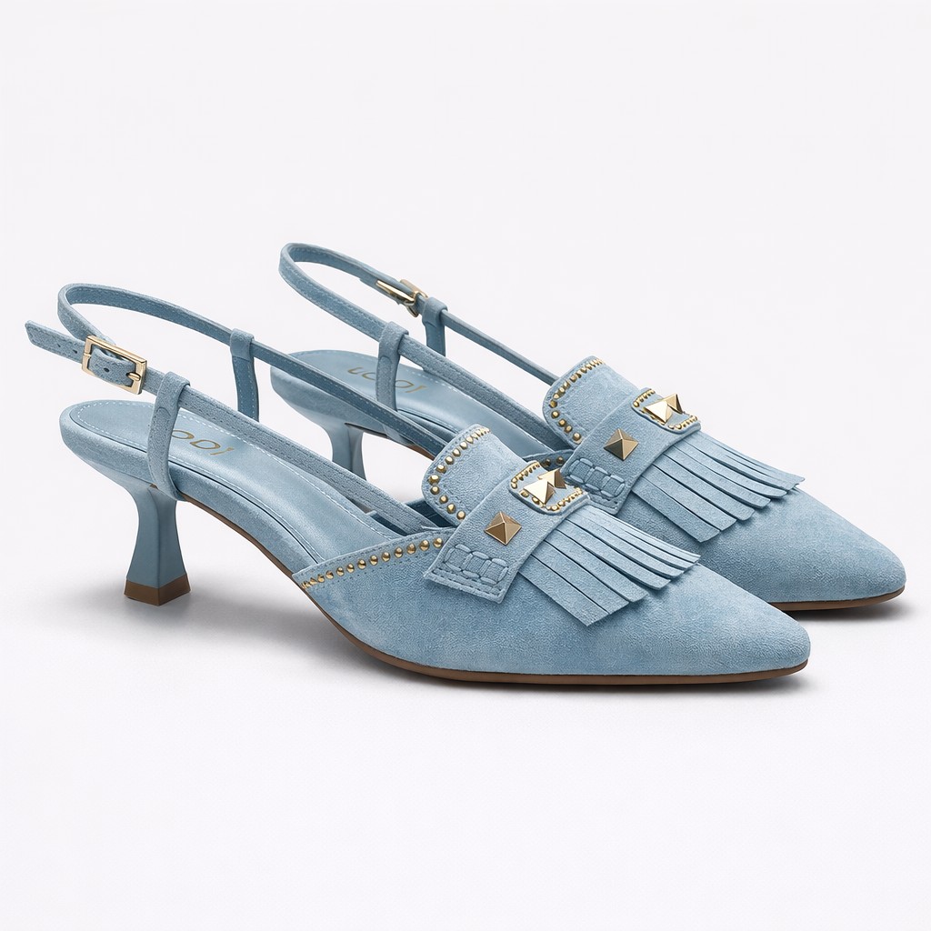 NUEVA COLECCIÓN. (zapato de muestra) Zapato destalonado ante azul tachas - Imagen 2
